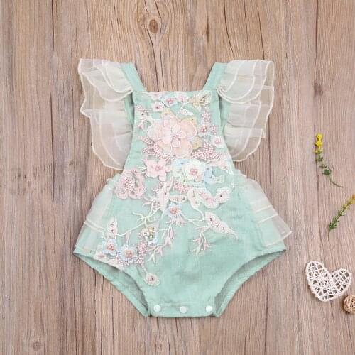 Newborn Baby Girls Princess Lace Romper Sleeveless Ruffles Flying Sleeve Floral Embroidery Pattern One-piece Lace Up Jumpsuits