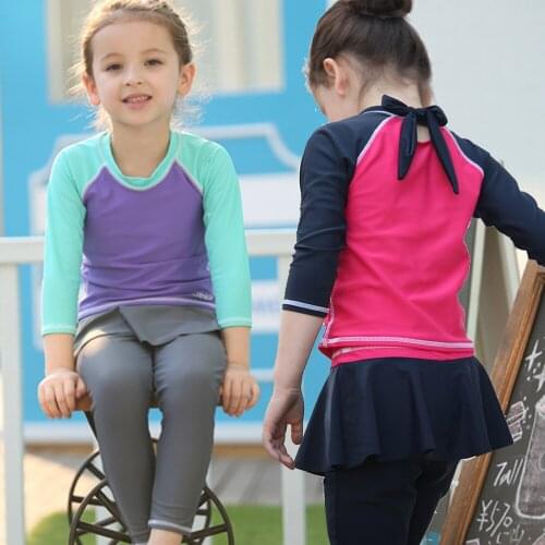 Long Sleeves Girls Swimwear W/Cap Two Pieces Swimsuit T Shirts+Pants Swimming Set Kids Beach Bathing Suits 2019 EO