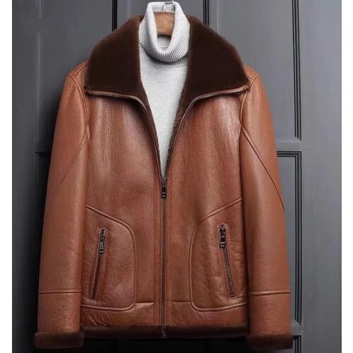 New Winter Mens Sheep Fur one Motorcycle Coat Lapel Genuine Leather Brown Jacket Men Sheepskin Shearling Warm Coats