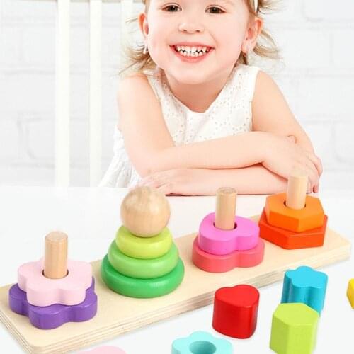 Cute Baby Kids 4-Column Geometric Blocks Stacking Shape Matching Puzzle Game Education Study Toy