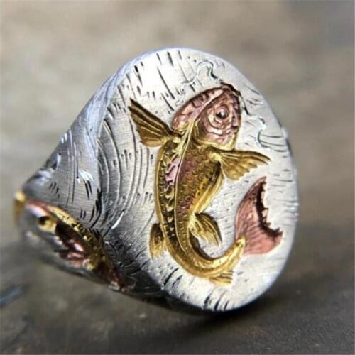 Fashion Three-dimensional Embossed Ripple Goldfish Ring for Men Women Gold Silver Color Animal Finger Rings Jewelry Accessories