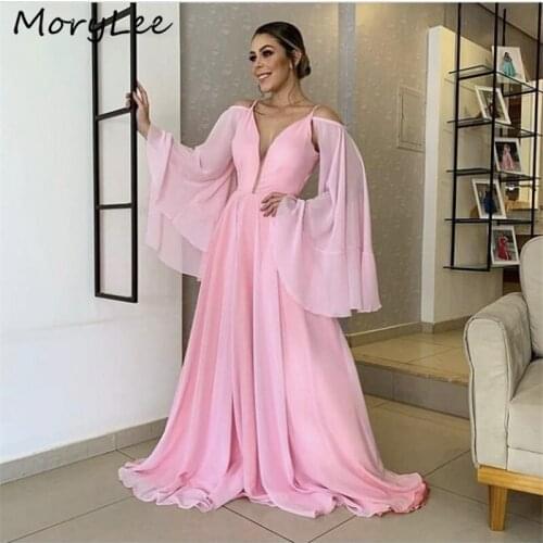 Pink Evening Dresses Fashion V-Neck A-Line Floor Length Simple Evening Dresses With Zipper Back vestidos de fiesta de noche
