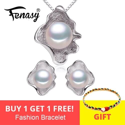 FENASY Freshwater Pearl Jewelry Sets S925 Sterling Silver Natural Pearl Fashion Geometric Shell Design Necklace Earrings In Box