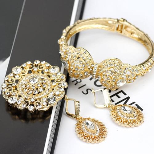 Neovisson Gold Color Africa Drop Earring Brooch Cuff Bracelet Bangle for Women Algerian Ethnic Wedding Jewelry