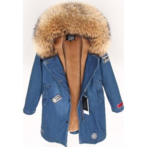 2018 New Plus Velvet Thicken Middle Long Jean Real Fur Jacket Women Winter Coat Zipper Cotton Hooded Parka Coat Women