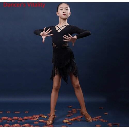 Latin Dance Clothing Girls Fashion V-neck Dress Competition Costume Winter Childrens Professional Exercise Clothes