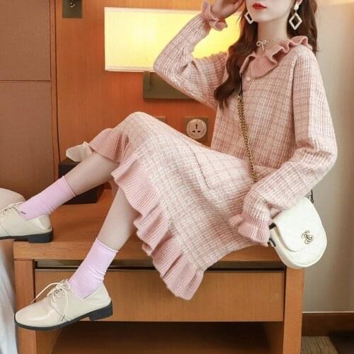 Autumn winter Womens doll collar small fragrance knitted sweater dress one piece midi Knee-Length long sleeve korean style Plaid