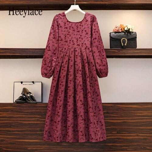 Plus Size Women Autumn Winter Dress 2020 New Corduroy Long Sleeve Elegant Flowers O-neck Vintage High Waist A-line Dresses
