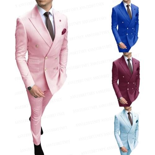 Pink Mens Business Suits 2 Pieces Slim Fit Dinner Wedding Groom Tuxedo Tailored Golden Buttons Double Breasted Jacket Pants Set