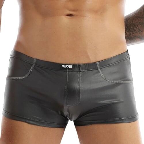 Men Sexy Lingerie Black Faux Leather Boxer Briefs Shorts Bikini Beach Wear Underwear Soft Latex Gay Underpants Plus Size M-XXL