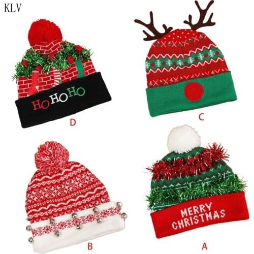 Adult Unisex Knitted Christmas Beanie Hat with Jingle Bells LED Light Up Colorful Pom Pom Cuffed Skull Cap Xmas Headwear