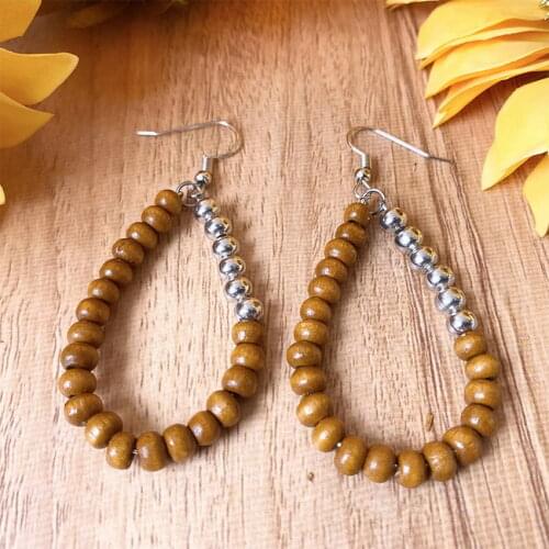 Mixed Wood Metal Beads Line Teardrop Drop Earrings for Women Fashion Two Tone Beaded Open Water Drop Earrings Jewelry Wholesale