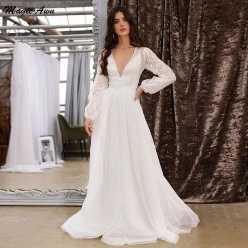 Magic Awn Glitter Boho Wedding Dresses With Full Sleeves Sheer V-Neck Illusion Priness Beach A-Line Mariage Gowns Vestido Blanco