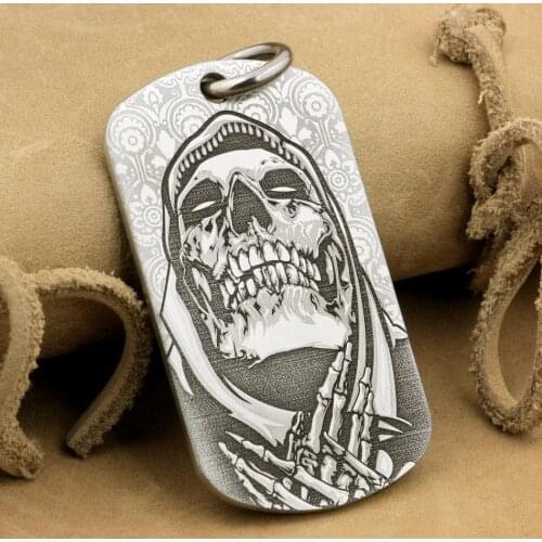 Solid 316L Stainless Steel High Detail Laser Deep Engraved Praying Skeleton Mens Biker Punk Pendant Dogtag 9X109 JP