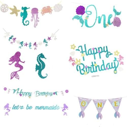 Mermaid Pattern Aged Decoration Pull Flower ONE Girl Baby Happy Birthday Party Bunting Banner Shiny Powder Pull Flag