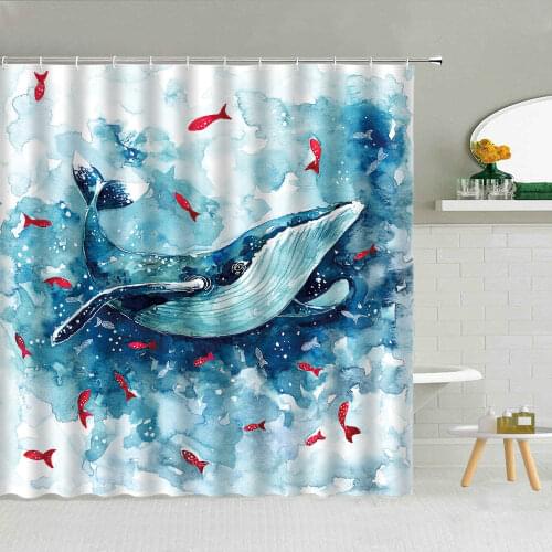 Cute Cartoon Animal Whale Shower Curtain Hand Drawn Geometric Pattern Bathroom Supplies Fabric Curtains With Hook Decor Washable