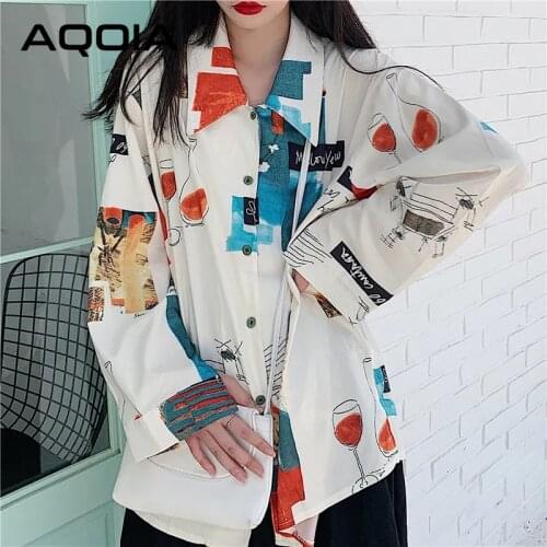 2021 Spring Korean style Long Sleeve Women Blouse Shirt print Loose Oversize Tunic Ladies Shirt Turn Down Collar Female Clothing