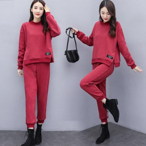 2pcs Women Sport Suit Winter Thick Fleece Loose Warm Coat Sweatshirt+pant Casual Jogger Running Outfit Set Sports Wear Tracksuit