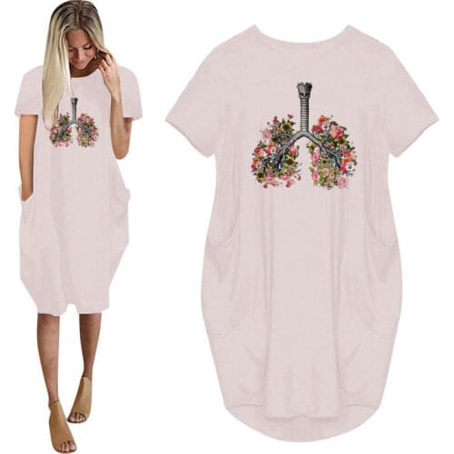 Fashion Organ Flower printed Women Summer Casual Loose Dress With Pocket Ladies Fashion O Neck Long Tops Female T Shirt Dress
