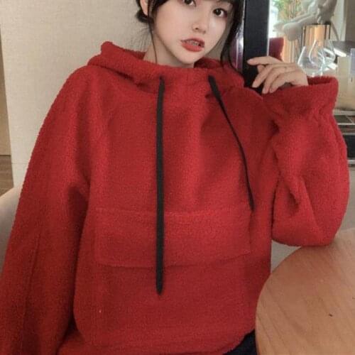 Winter Fashion Warm Lamb Velvet Womens Hoodie Loose Korean Pocket Plus Velvet Padded Pullover Tops Sweatshirt