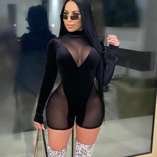 BKLD 2020 Autumn Winter Velvet Jumpsuit Women Clothes Sexy See Through Mesh Patchwork Long Sleeve Romper Women Club Outfits