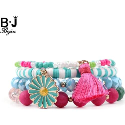 BOJIU Cute Rubber Acrylic Crystal Charm Bracelets Women Sky Blue Pink Green Red Beads Flower Tassel Charm Bracelets Set BCSET208