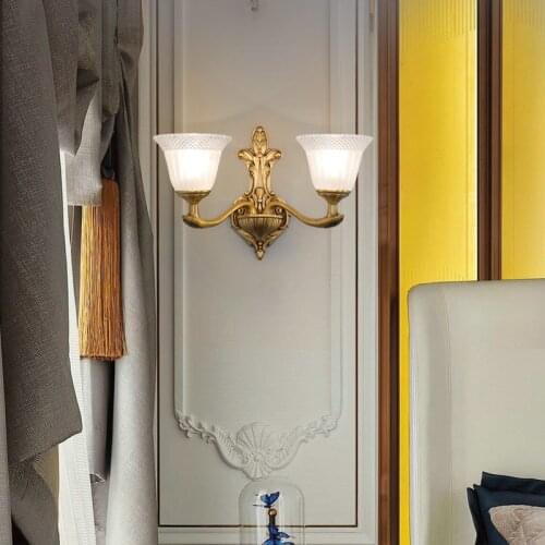 Jmzm European Retro Copper Wall Lamp Glass Wall Light For Living Study room Villa Aisle Bedroom Bedside LED Indoor Wall Lamps