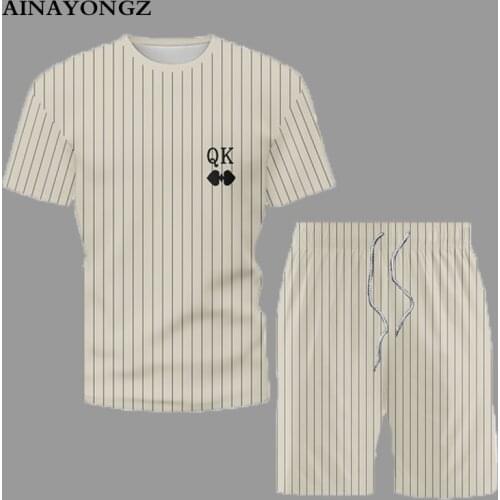 Summer Casual Outfit Men Fashion Simple Stripe Print T-Shirt and Shorts 2 Piece Set Comfortable O-Neck Short Sleeve Suit Male