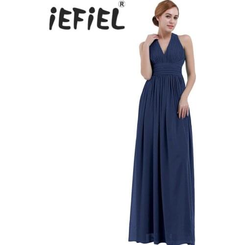 IEFiEL Women Maxi Dress Elegant Bridesmaid Formal Party Wedding Summer Dress Hang-Neck V Neck Dress Chiffon Halter Long Dress