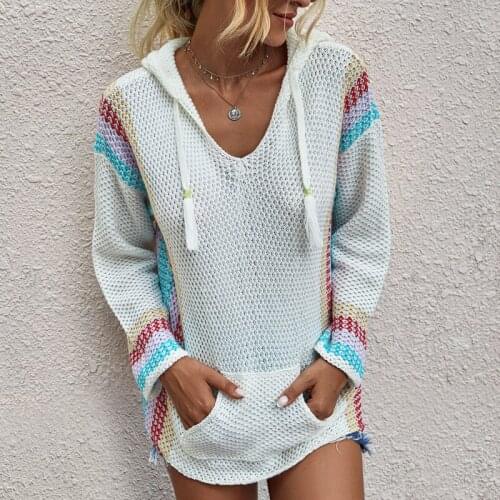 Pockets Knitted Hooded Women Fashion Color Matching Hooded Long Sleeve Pullover Loose for Womens Sweater
