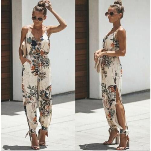 Women Casual Floral Strap Sleeveless V Neck Jumpsuit Romper Bodysuit Female Ladies Fashion Streetwear Woman Summer Clothes 2019