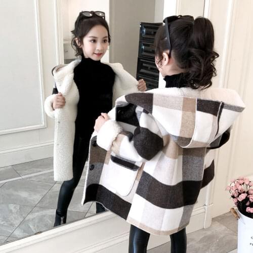 Girls Jackets Autumn Winter Clothes Medium Long Models Girls Plaid Thickened Lamb Fashion Design Childrens Woolen Cloth Coats