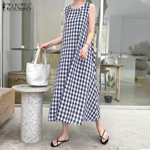 2021 ZANZEA Summer Sundress Women Sleeveless Plaid Checked Dress Vintage O Neck Loose Tanks Vestidos Sarafans Kaftan Oversized