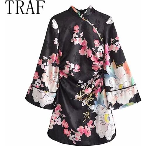 TRAF fashion autumn new flower print Vintage cheongsam dress women 08657304330