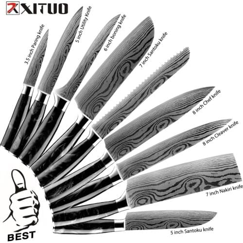 XITUO Japanese Stainless Steel Kitchen Knives Set Laser Damascus Pattern 1-9PCS Chef Santoku Cleaver Slicing Gyuto Boning Knife