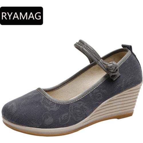 RYAMAG 2021 New Cloth Shoes Song Clothing Wedge Sandlas National Style National Disk Buckle Literary Womens Shoes Single Shoes