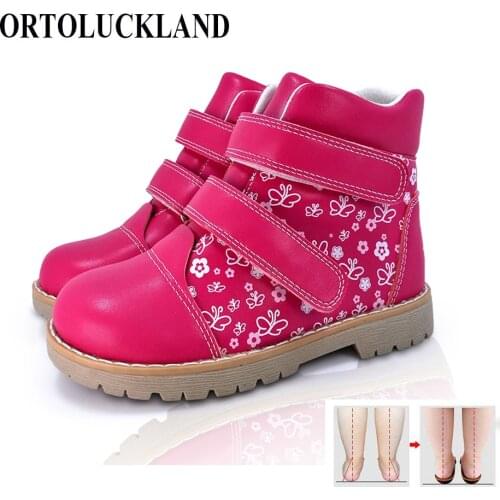 Ortoluckland Baby Girls Casual Shoes Children Tough Orthopedic Shoes Kids Butterfly Printing Leather Spring Autumn Fashion Boots