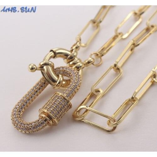MHS.SUN Charm AAA Zircon Clasp Pendant Chunky Chain Necklace Vintage Gold Color Sweater Chain Necklace Fashion Jewelry 1Pcs