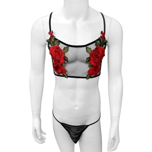 See Through Mens Embroidery Lingerie Set With Thong Bikini Top Bra Set for sissy Gay Adjustable Strap Men Bra Clubwear Nightwear
