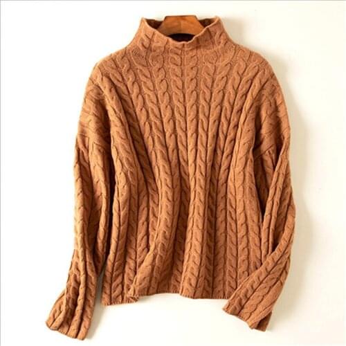 100% merino wool twisted knit women fashion half high collar pullover sweater H-straight wide loose solid color XS/S/M
