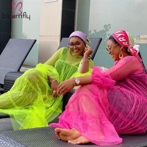 Sexy Mesh Perspective Dress Women Plus Size Tunic Beachwear Long Maxi See Through Dresses Pink And Green Loose Outfits 2021