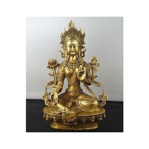 Pure Bronze Tibetan Buddhism Copper Green Tara God Godness Kwan-yin Buddha Statue Garden Decoration 100% real Brass Bronze
