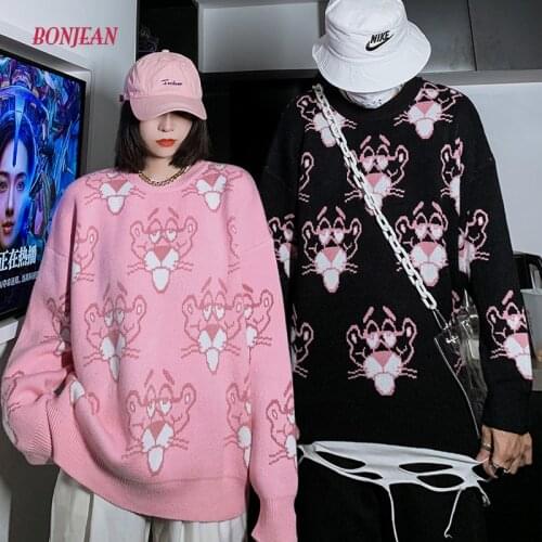 Streetwear Sweater Women 2020 Autumn Winter Cartoon Pink Leopard Printed Harajuku Casual Oversize Knitted Black Pull Femme Hiver
