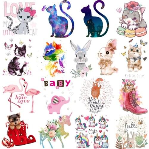 Prajna Cat Iron On Heat Transfers Vinyl Cartoon Rabbit Ironing Thermal Stickers On Kid T-shirt DIY Patches For Clothing Applique