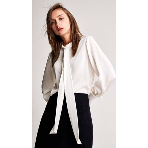 2021 Elegant Natural Mulberry Silk Blouse Women Spring Autumn Long Sleeve Tops and Blouses High Quality Bows Ribbow Collar Shirt