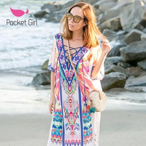 Pocket Girl 2020 Women Cover Ups Vestido Playa Print Chiffon Loose Shawl Kimono Cardigan Shirt Blouse Floral Beachwear Cover Up