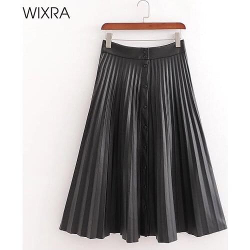 Wixra Womens PU Pleated Skirts Classic Casual Mid-Calf Skirt High Street Bottom Office Lady Spring Autumn