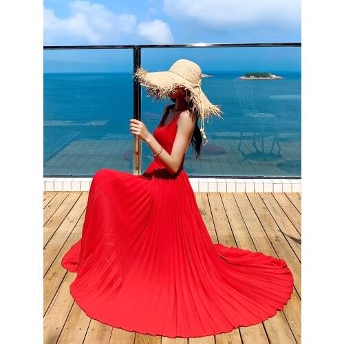 Photo Beach Skirt Seaside Holiday Sexy Open Back Long Skirt Pleated Chiffon Dress Womens 2021 New