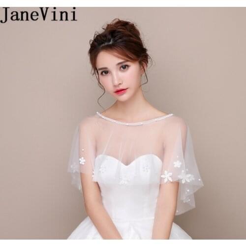 JaneVini White Flowers Pearls Wedding Jacket Lace Bridal Bolero Women Wedding Shrug Wraps Bride Wraps Wedding Accessories 2018