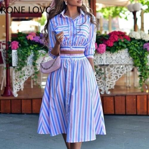 Women Casual Striped Print Button Pocket Design Shirt & Skirt Sets Women Suits